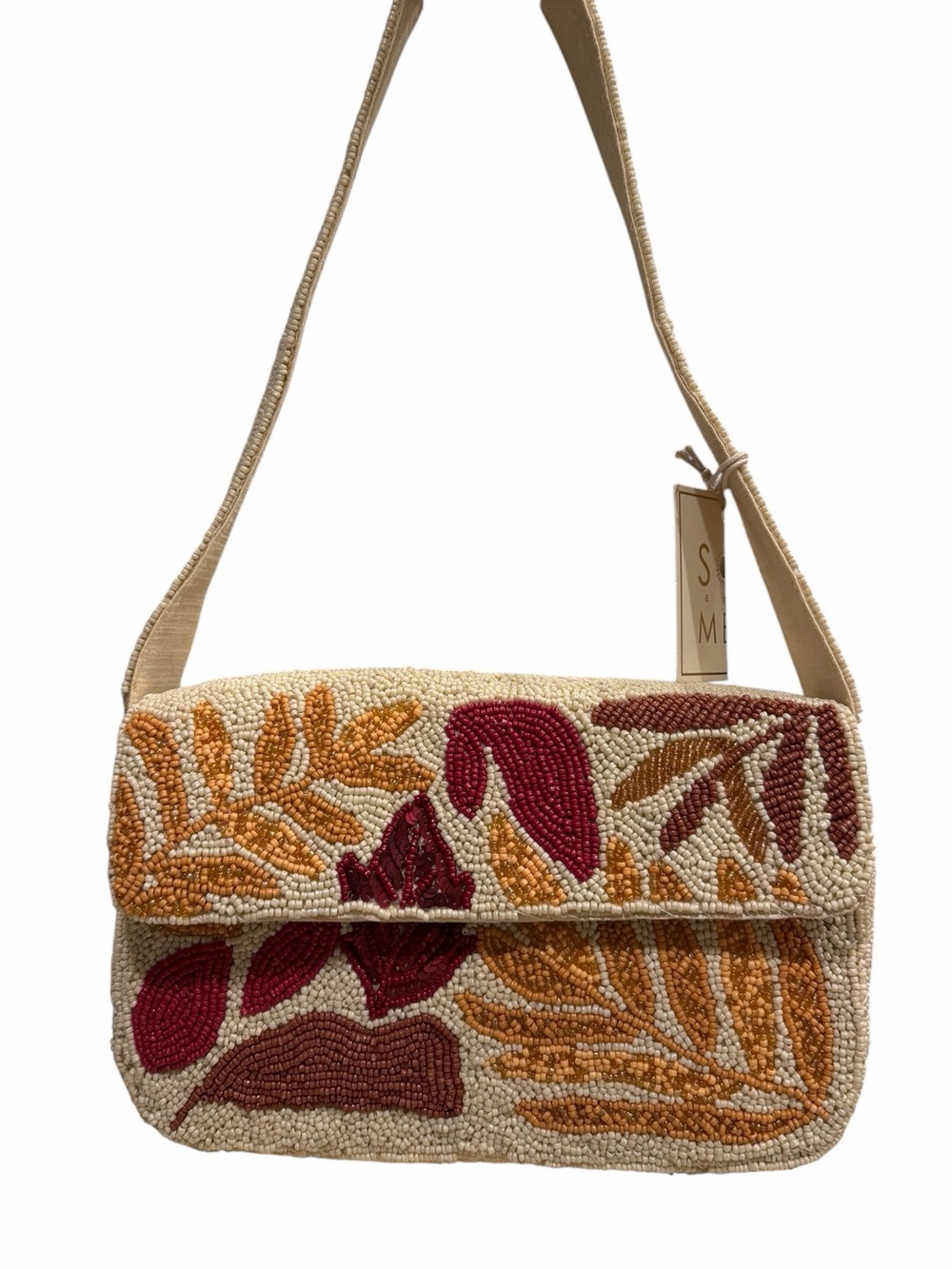 New Beaded Cream Shoulder Bag with Fall Leaves